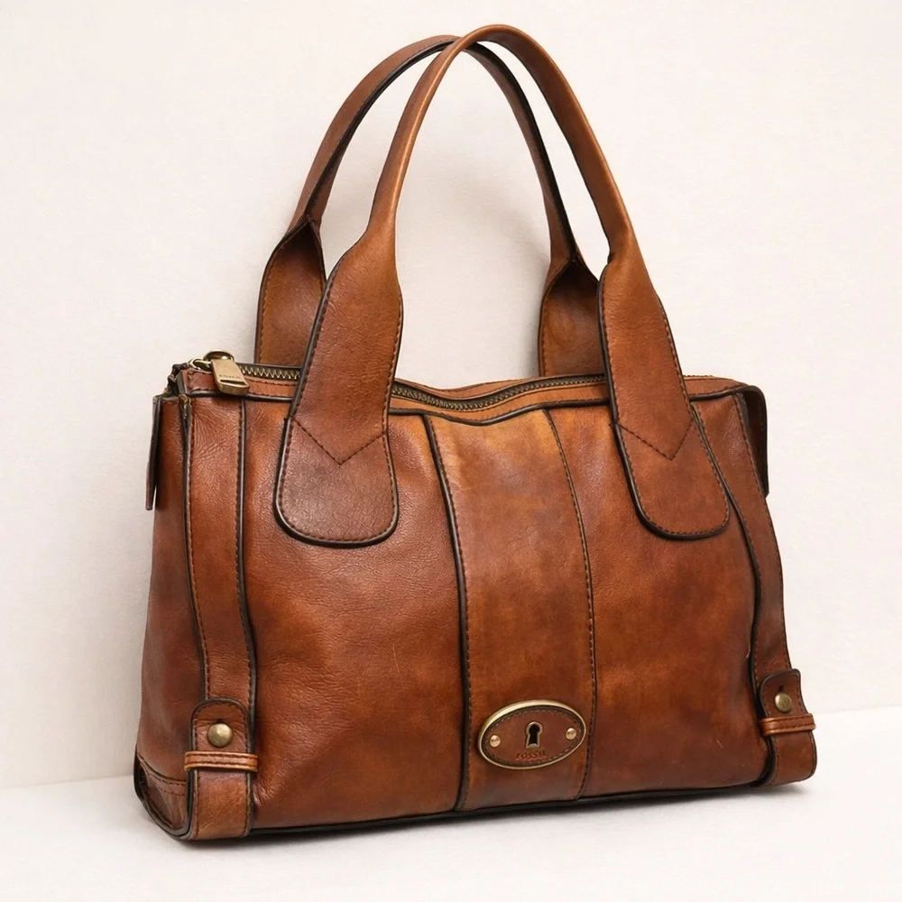 Vintage Fossil Keyhole Cognac Full Grain Leather Tote Y2K Zip Shoulder Bag 14x11